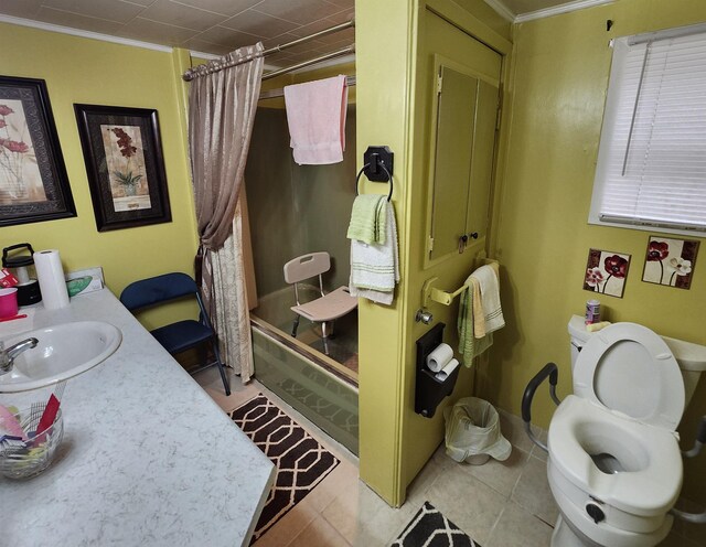 - bathroom with ornamental molding, shower / bath combination with curtain, tile patterned floors, and vanity