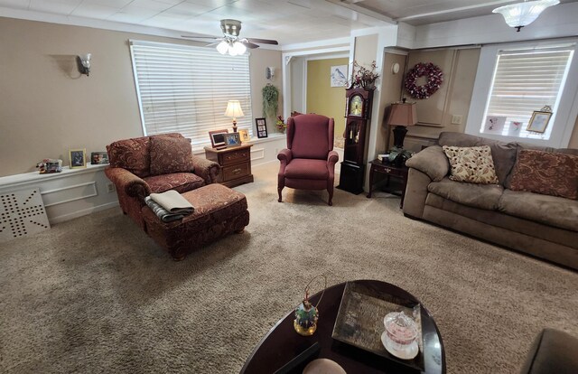  - living room featuring carpet flooring and a ceiling fan