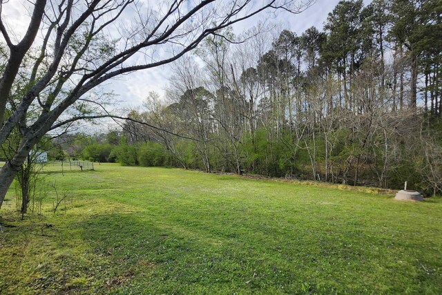  - view of green lawn featuring a forest view