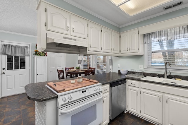 kitchen featuring dark countertops, electric range, stainless steel dishwasher, a sink, and under cabinet range hood