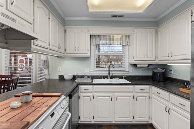 kitchen with dark countertops, white cabinets, a sink, and dishwashing machine