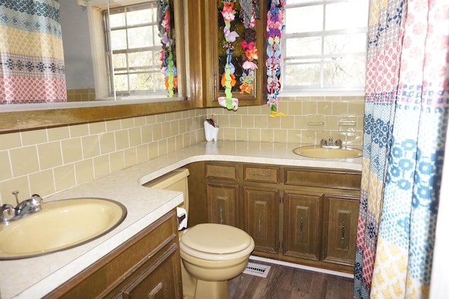 bathroom featuring wood-type flooring, vanity, tasteful backsplash, and toilet