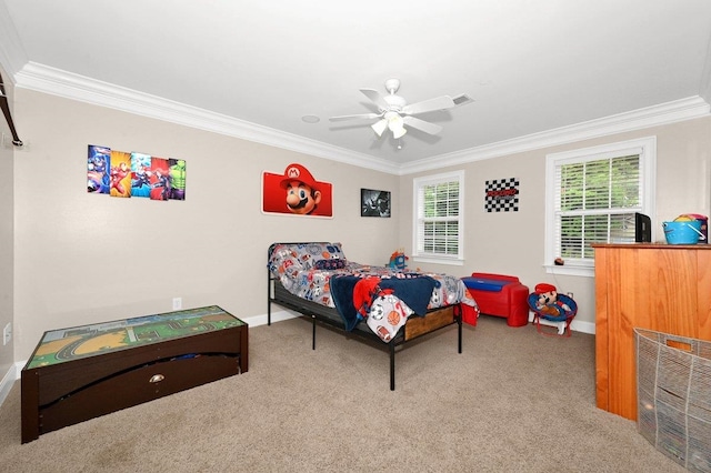 bedroom featuring ceiling fan, crown molding, and carpet floors