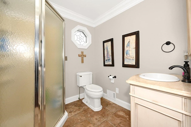 bathroom featuring vanity, toilet, walk in shower, and ornamental molding