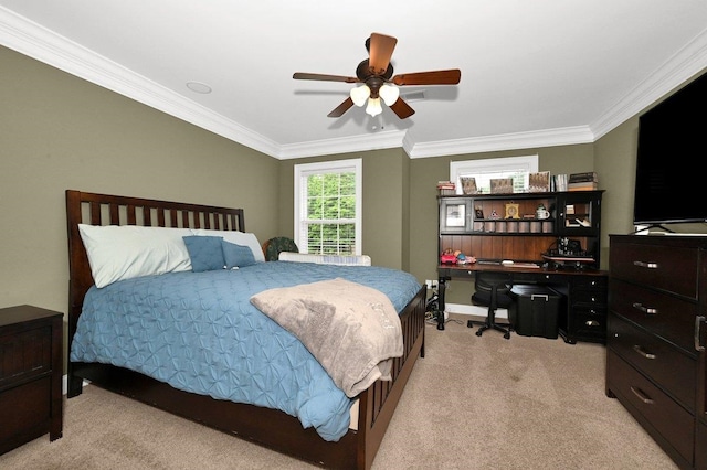 bedroom with ceiling fan, light colored carpet, and ornamental molding