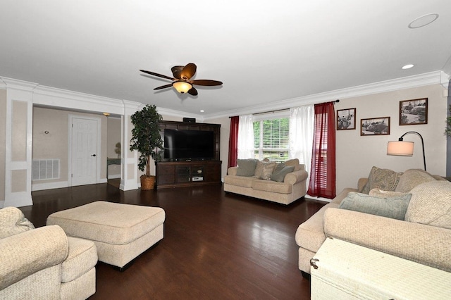 living room featuring ceiling fan, dark wood-type flooring, and ornamental molding