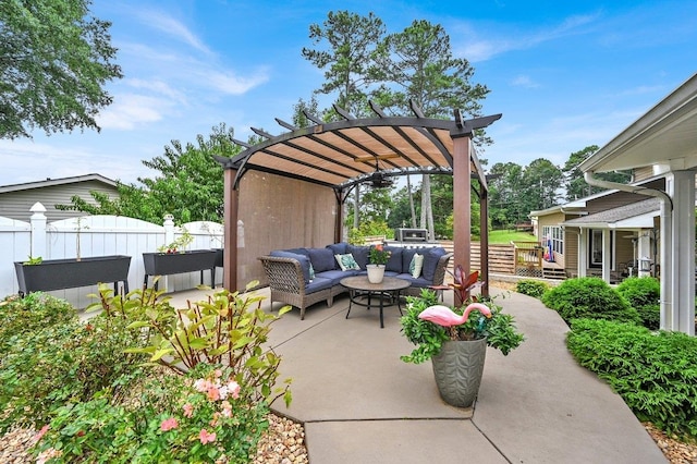 view of patio with a pergola, a wooden deck, and an outdoor hangout area