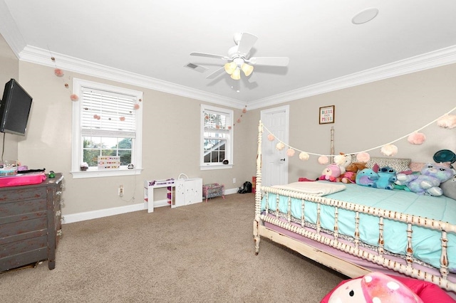 carpeted bedroom with ceiling fan and ornamental molding