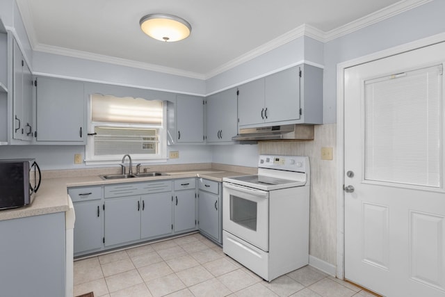 kitchen featuring crown molding, white electric stove, gray cabinetry, and sink