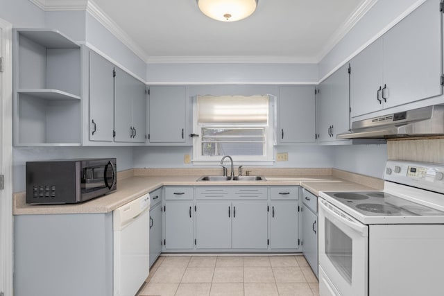 kitchen featuring light tile patterned flooring, white appliances, crown molding, and sink