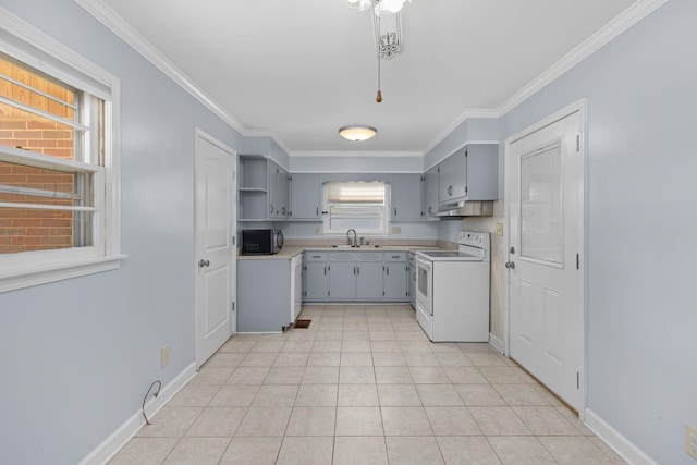 kitchen with white range with electric stovetop, sink, a healthy amount of sunlight, and ornamental molding