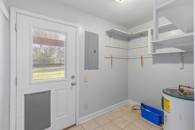 washroom with light tile patterned floors, electric water heater, and electric panel