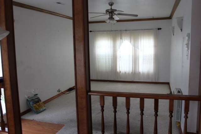 interior space with carpet floors, ceiling fan, and ornamental molding