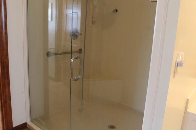 bathroom featuring a shower with shower door