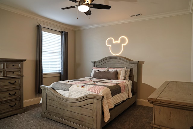 bedroom featuring dark carpet, ceiling fan, and crown molding