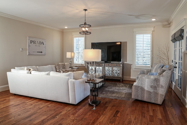 living room with crown molding and dark wood-type flooring