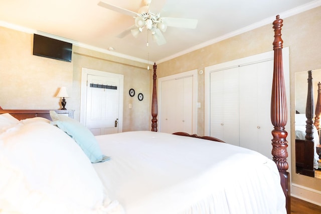 bedroom with wood-type flooring, ceiling fan, and crown molding