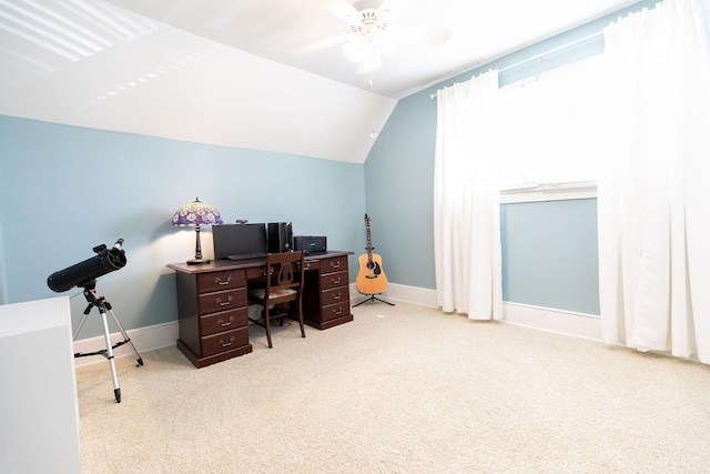 office with ceiling fan, light colored carpet, and lofted ceiling