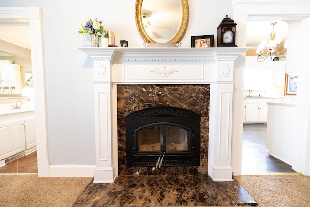 room details with a premium fireplace, sink, and ornamental molding