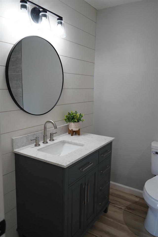 bathroom with wood-type flooring, vanity, and toilet