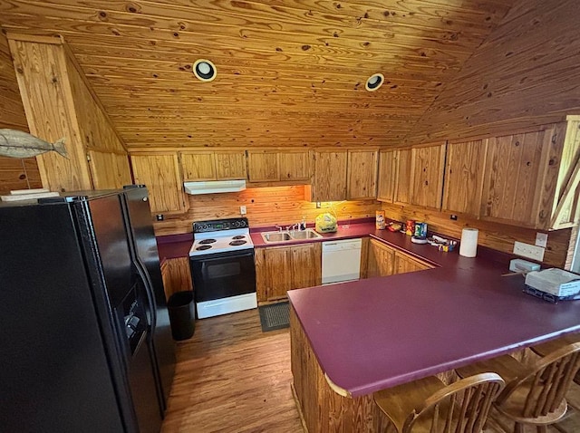  - kitchen with white appliances, lofted ceiling, wooden ceiling, a peninsula, and under cabinet range hood