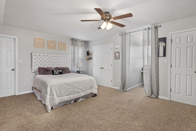 bedroom featuring ceiling fan, baseboards, and carpet flooring