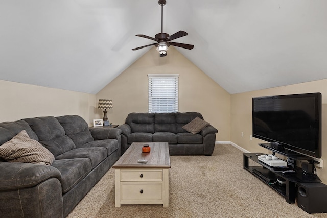 carpeted living room featuring vaulted ceiling, ceiling fan, and baseboards