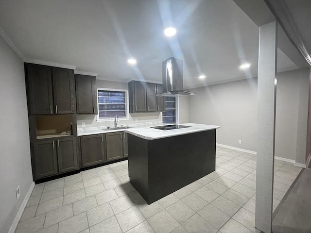 kitchen with sink, a center island, ornamental molding, island exhaust hood, and black electric stovetop