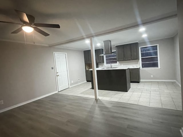 kitchen featuring sink, exhaust hood, ceiling fan, and light hardwood / wood-style flooring