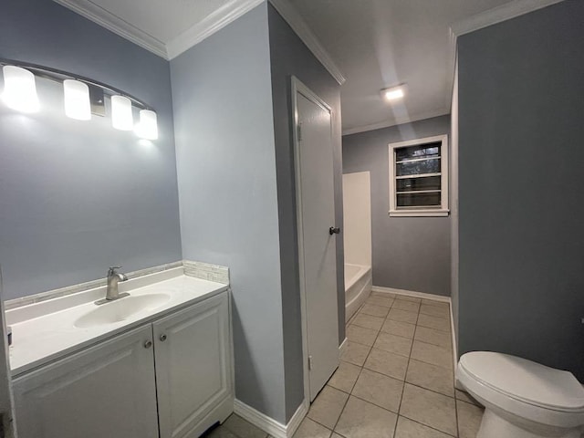 bathroom featuring a tub to relax in, toilet, ornamental molding, vanity, and tile patterned flooring