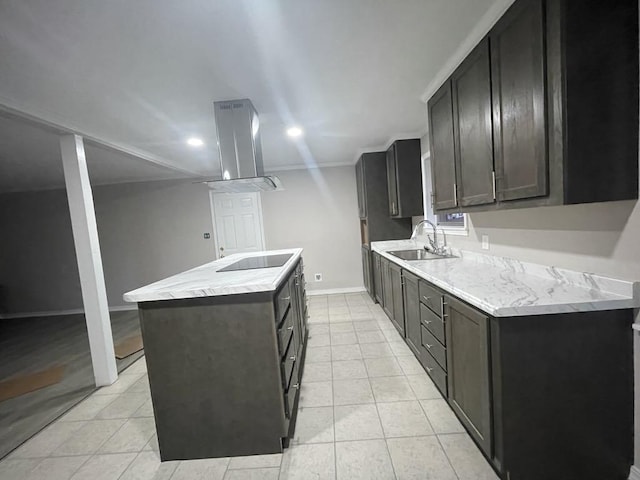 kitchen featuring sink, light tile patterned floors, a center island, black electric stovetop, and island exhaust hood