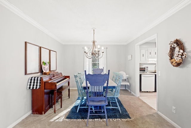 carpeted dining space with a chandelier and ornamental molding