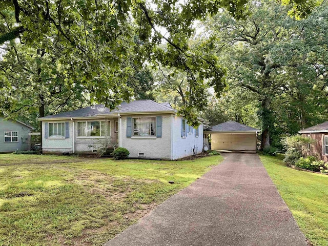  - view of front of property with asphalt driveway, a front yard, a carport, brick siding, and crawl space