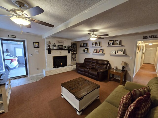  - carpeted living room featuring a ceiling fan, crown molding, a textured ceiling, and a fireplace