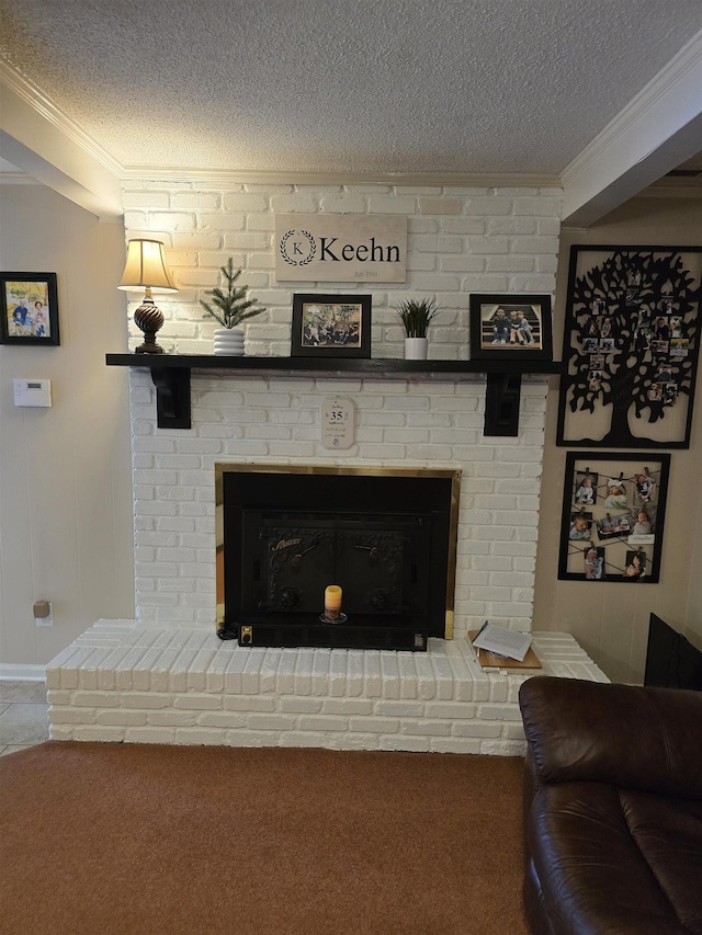  - detailed view of ornamental molding, a textured ceiling, a brick fireplace, and carpet