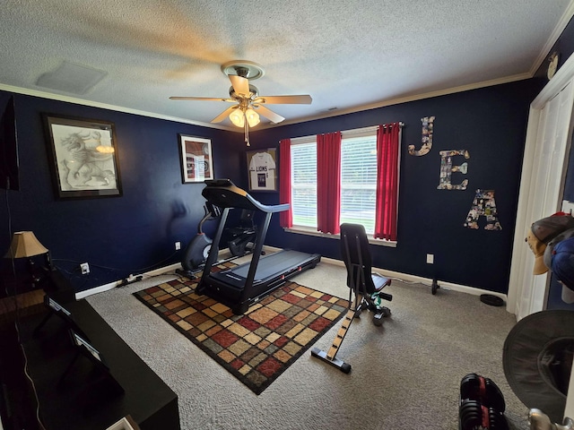  - exercise room with crown molding, a textured ceiling, a ceiling fan, and carpet floors