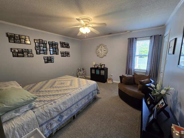  - bedroom featuring crown molding, carpet flooring, a textured ceiling, and a ceiling fan