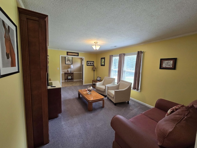  - living area featuring a textured ceiling and dark colored carpet