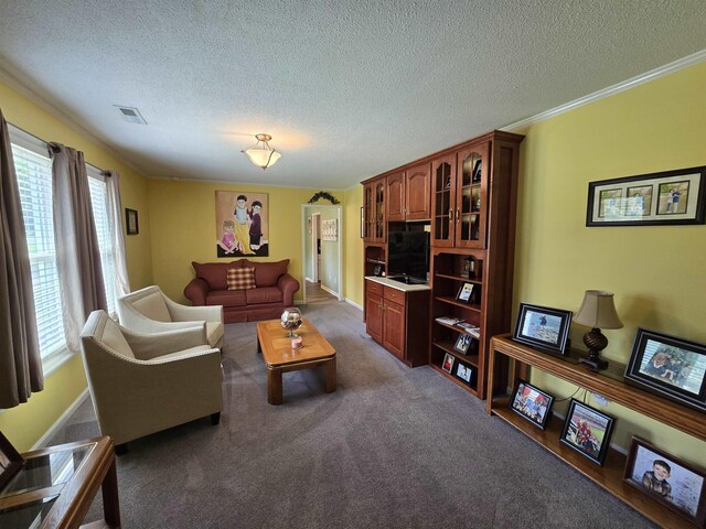  - living room with plenty of natural light, carpet, a textured ceiling, and crown molding