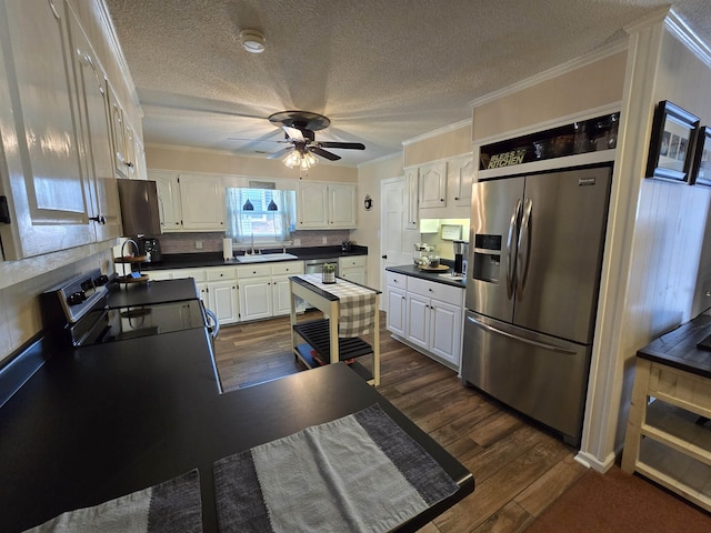  - kitchen featuring stainless steel appliances, a textured ceiling, white cabinetry, a ceiling fan, and open shelves