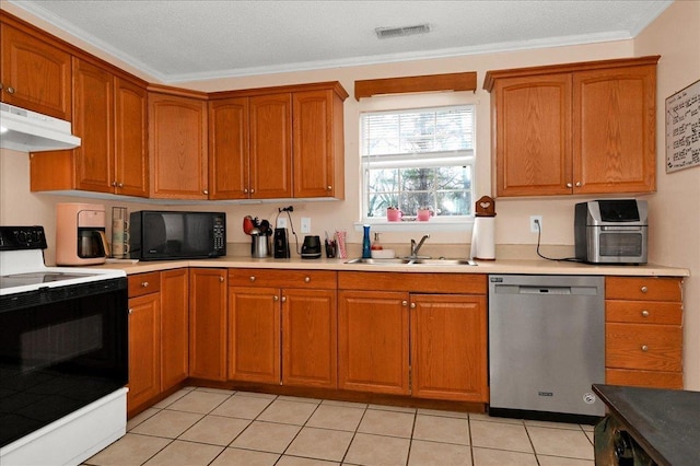 kitchen featuring light tile patterned flooring, electric range oven, dishwasher, sink, and ornamental molding