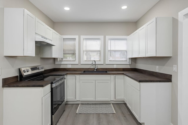 - kitchen featuring stainless steel electric range, a sink, under cabinet range hood, dark countertops, and light wood-type flooring
