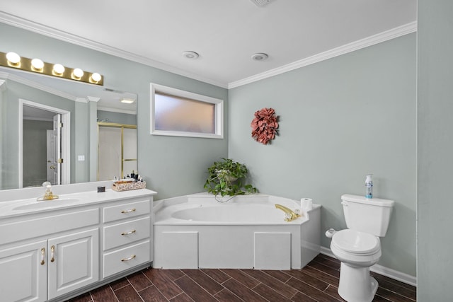 full bathroom featuring ornamental molding, shower with separate bathtub, vanity, and toilet