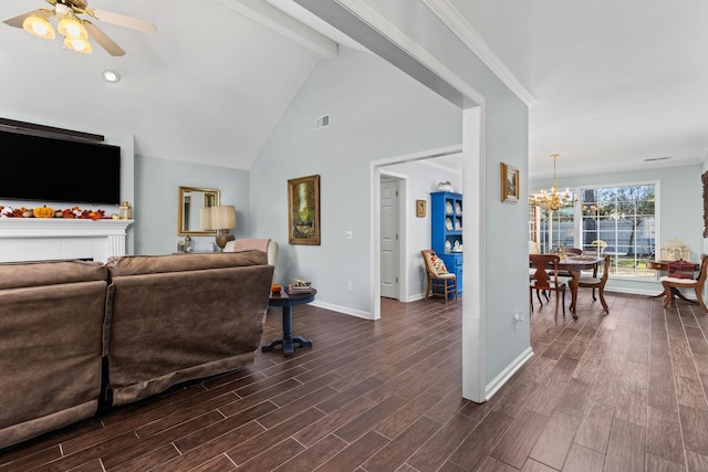 living room with beam ceiling, high vaulted ceiling, dark hardwood / wood-style floors, a tiled fireplace, and ceiling fan with notable chandelier