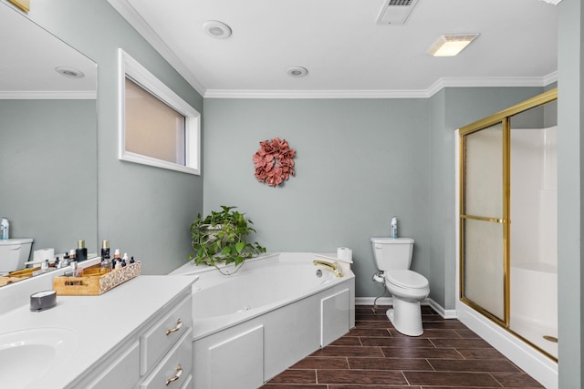 full bathroom featuring ornamental molding, toilet, and plus walk in shower