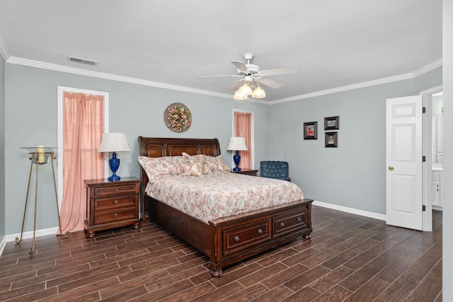 bedroom featuring ornamental molding and ceiling fan