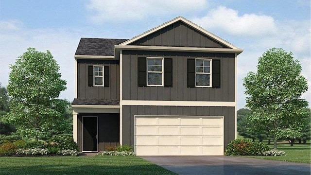view of front of home featuring concrete driveway, an attached garage, a shingled roof, and a front yard