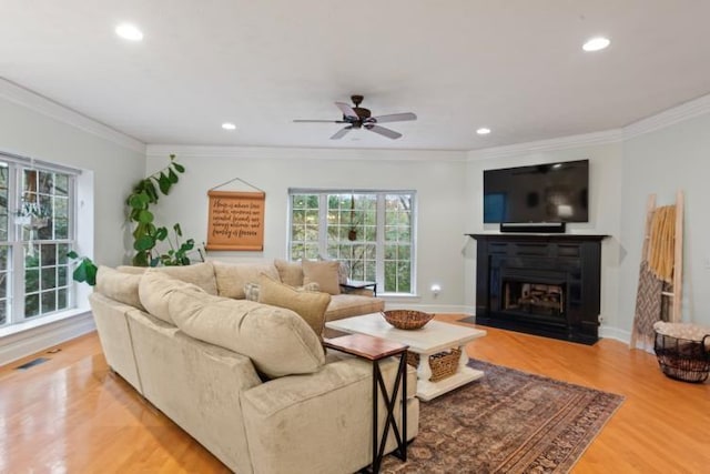 living room with wood-type flooring, ornamental molding, and ceiling fan