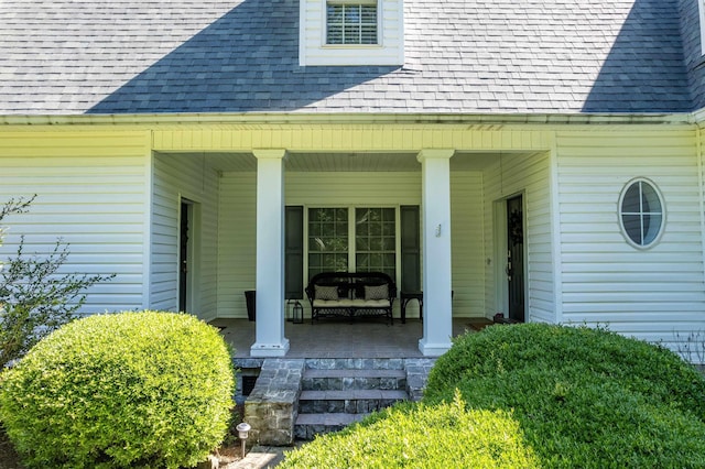 view of exterior entry with a porch