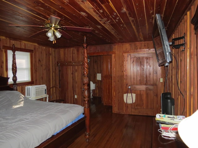 bedroom featuring ceiling fan, wooden ceiling, dark hardwood / wood-style floors, an AC wall unit, and wooden walls